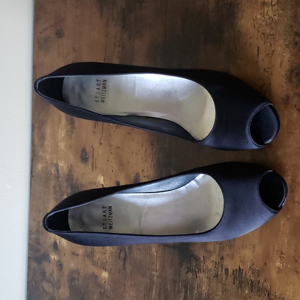 Stuart Weitzman Polly Black Satin Peep Toe Heels 8.5
